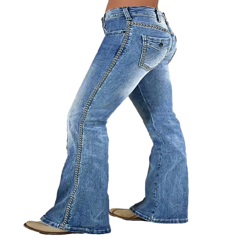 Flamingals Boot Cut Jeans for Women featuring elegant embroidery and a classic boot-cut silhouette, mid waist design.