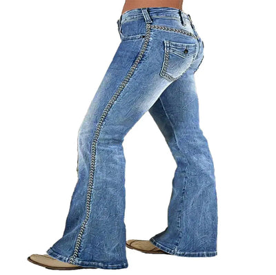 Flamingals Boot Cut Jeans for Women featuring elegant embroidery and a classic boot-cut silhouette, mid waist design.
