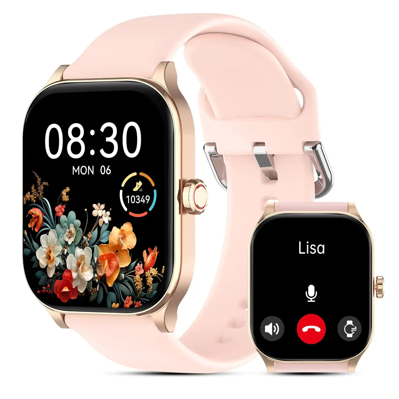 Multi-Function Smart Smartwatches for Womens with floral design and call feature, stylish pink strap.