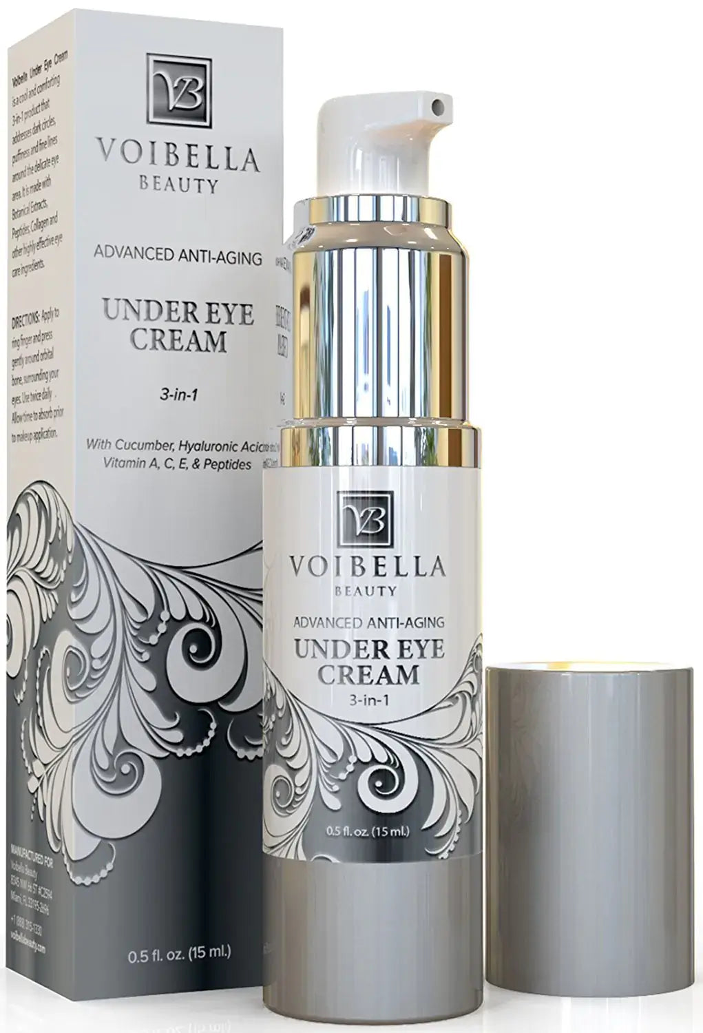 Anti-Aging Under Eye Cream 3-in-1 Treatment in a sleek silver bottle with pump dispenser.