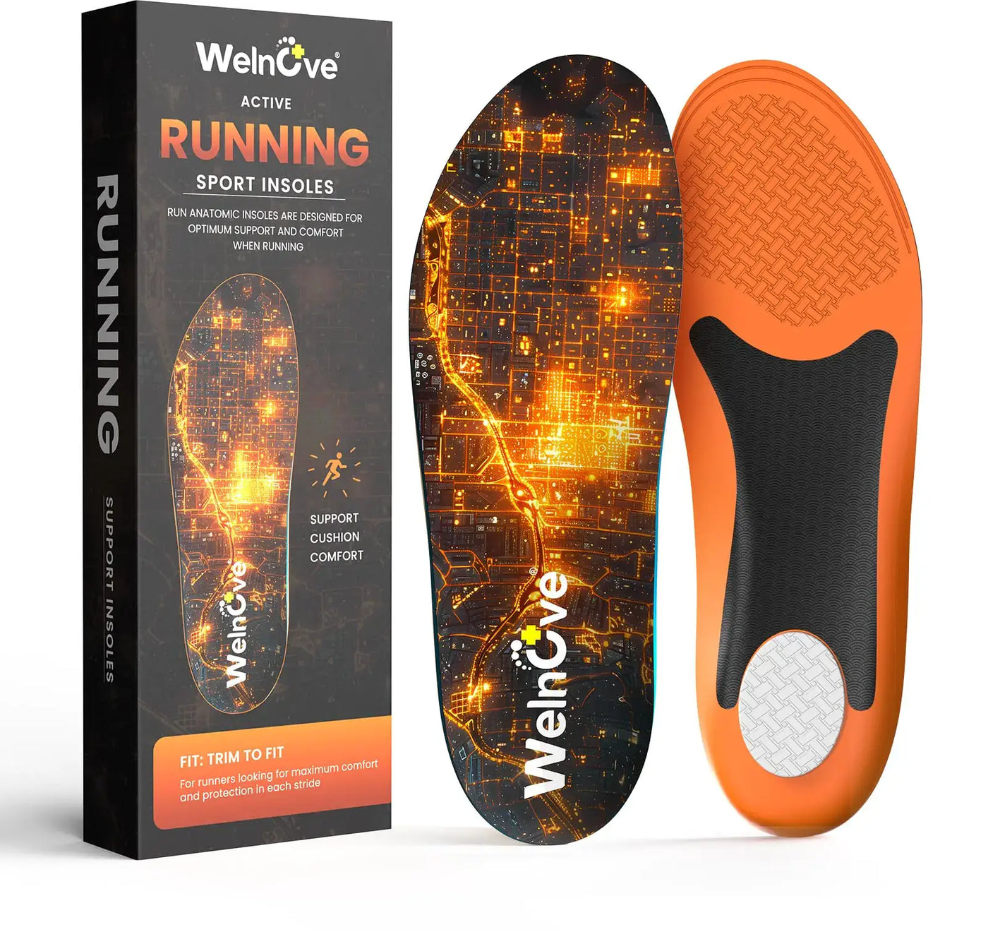 Running Sport Insoles for Men & Women packaging and insoles, featuring cushioning and support for optimal comfort.