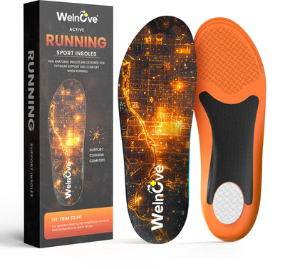 Running Sport Insoles for Men & Women packaging and insoles, featuring cushioning and support for optimal comfort.