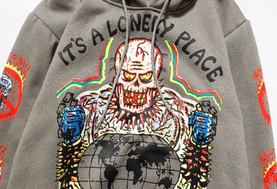 Urban Chic Hoodies featuring graphic print of a monstrous character with text "IT'S A LONELY PLACE" and vibrant colors.