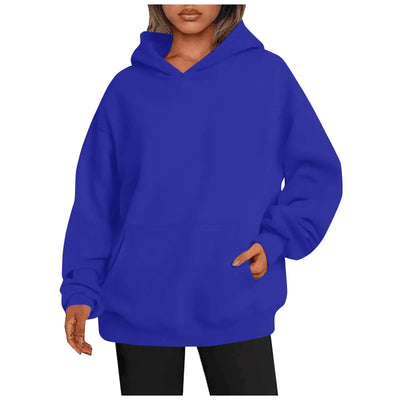 Womens hoodies with pockets in vibrant blue color, featuring oversized fit and front pocket for comfort and style.