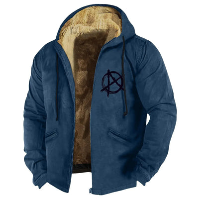 Thick Hoodie Puffer Jacket Men in navy blue with soft inner lining and an anarchy symbol.