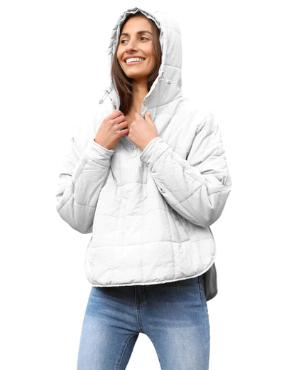 Women in a light gray Womens Puffer Jacket Lightweight Pullover, smiling and ready for chilly weather.