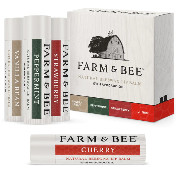 Natural Lip Balm Organic & Natural Ingredients collection including Cherry, Peppermint, Strawberry, and Vanilla Bean varieties.