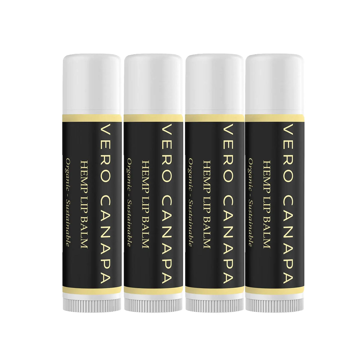 Vero Canapa Vanilla Organic Hemp Lip Balm with SPF 15, four lip balm tubes displayed.