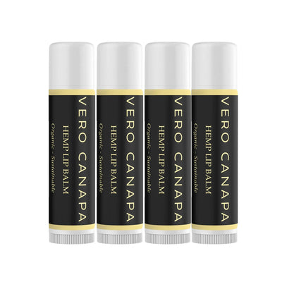 Vero Canapa Vanilla Organic Hemp Lip Balm with SPF 15, four lip balm tubes displayed.
