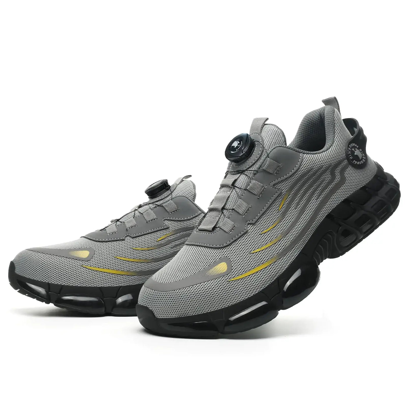 Steel Toe Shoes for Men & Women Work Shoes in grey with yellow accents for safety and comfort.