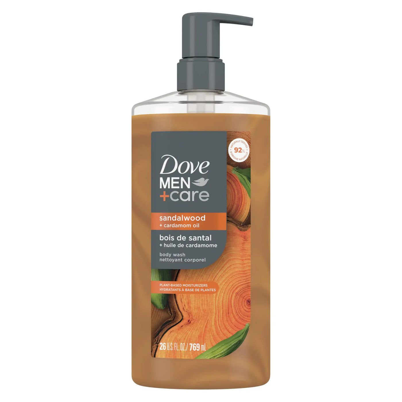DOVE MEN + CARE Body Wash Sandalwood + Cardamom Oil in a pump bottle for men's skin care.