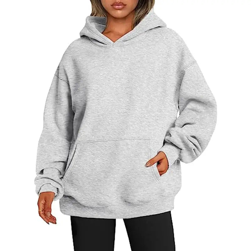 Comfortable gray womens hoodies with pockets, featuring an oversized fit and stylish design.
