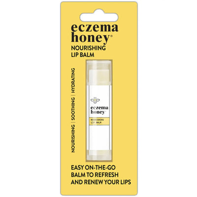 ECZEMA HONEY Nourishing Lip Balm packaging with yellow background and soothing label for chapped lips.
