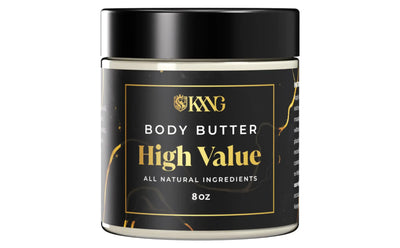 KXNG Cosmetics Body Butter Organic Skin Care for Men in an 8 oz jar with high value label and all natural ingredients.