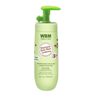 Natural Baby Body Wash with honey and organic olive oil in a green pump bottle for gentle baby care.