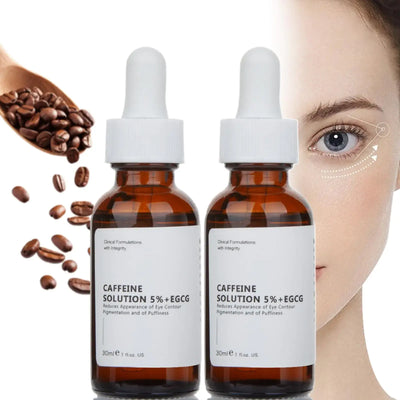 Refresh Your Eyes with MIZEEYE Caffeine Solution 5% serum bottles and coffee beans for under-eye care.