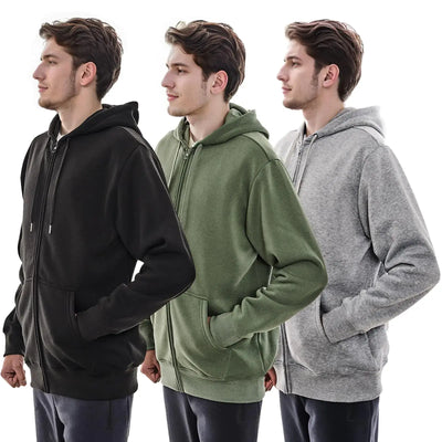 Mens Sweatshirt Hoodie 3 Pack Long Sleeve Jacket in black, green, and grey, showcasing stylish zip-up design and comfort.