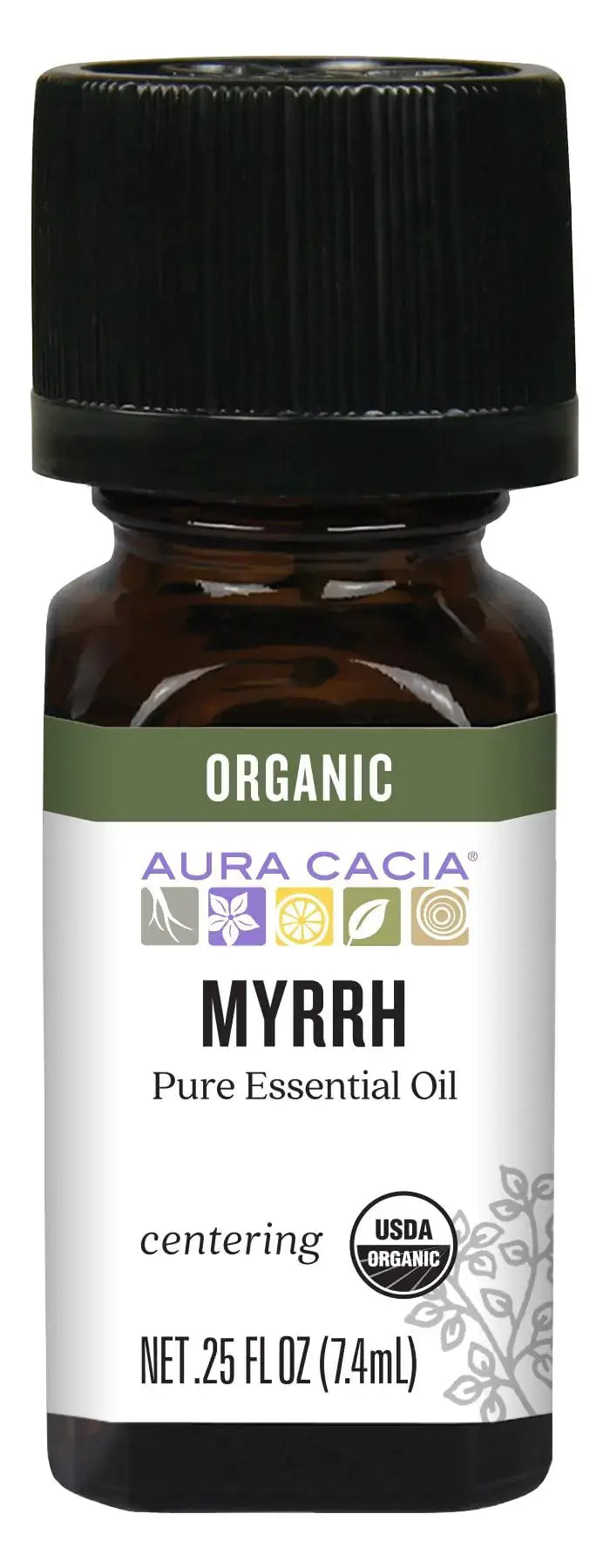 Aura Cacia Pure & Natural Myrrh Essential Oil bottle, USDA organic, perfect for meditation and skincare.