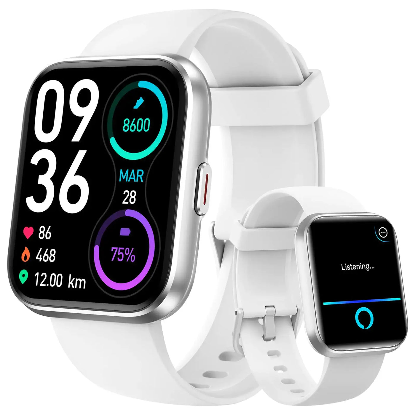 Aeac Fitness Smart Watch showing fitness metrics and sleek design in white, ideal for women and men.