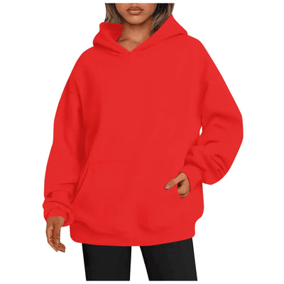 Womens hoodies with pockets in a vibrant red color, showcasing a cozy oversized fit for casual wear.
