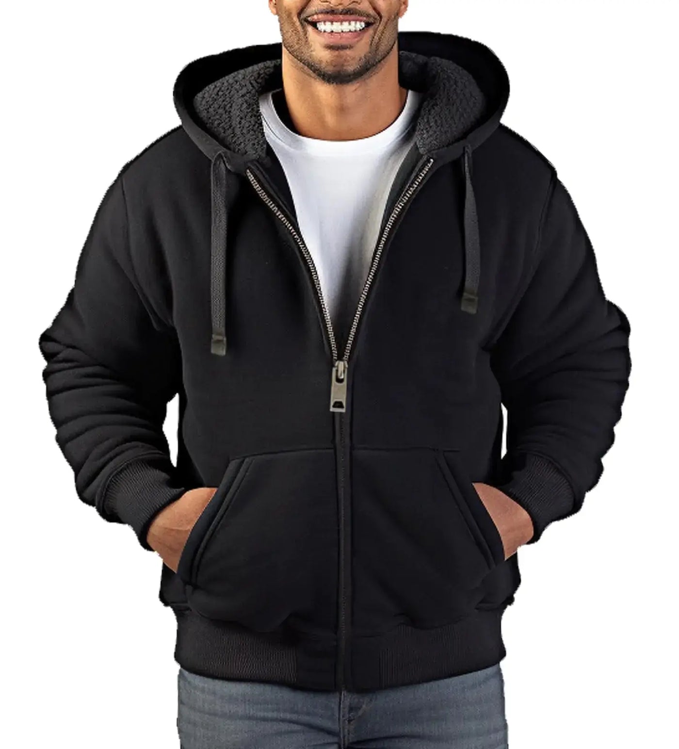 Zerenfy Hoodies for Men Heavyweight Sherpa Fleece in black, featuring a zip front and cozy interior for warmth and style.