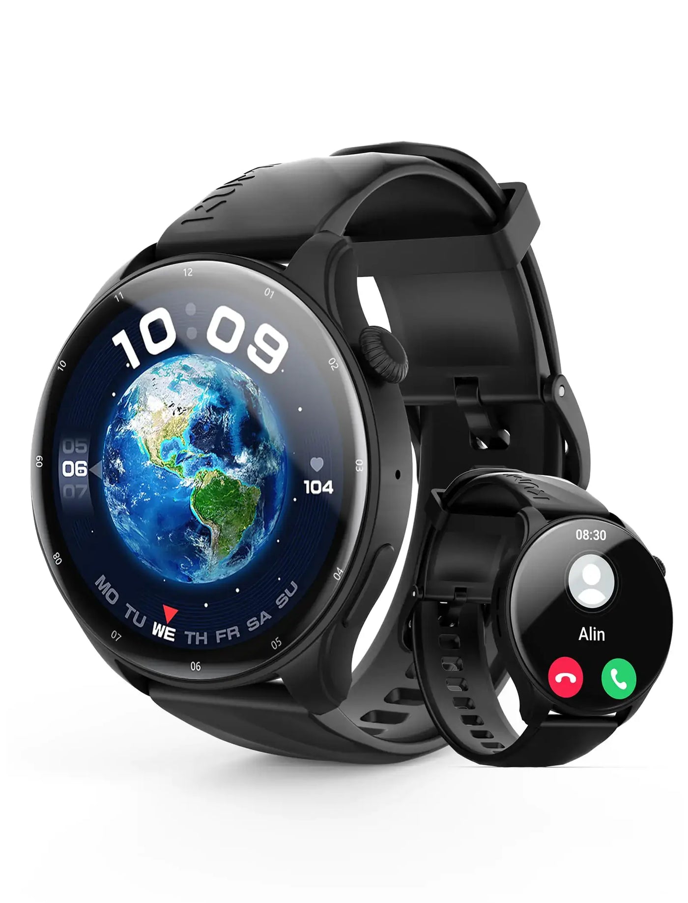 Kumi Smart Watch for Men displaying a vibrant globe face and a sleek design, perfect for fitness and connectivity.