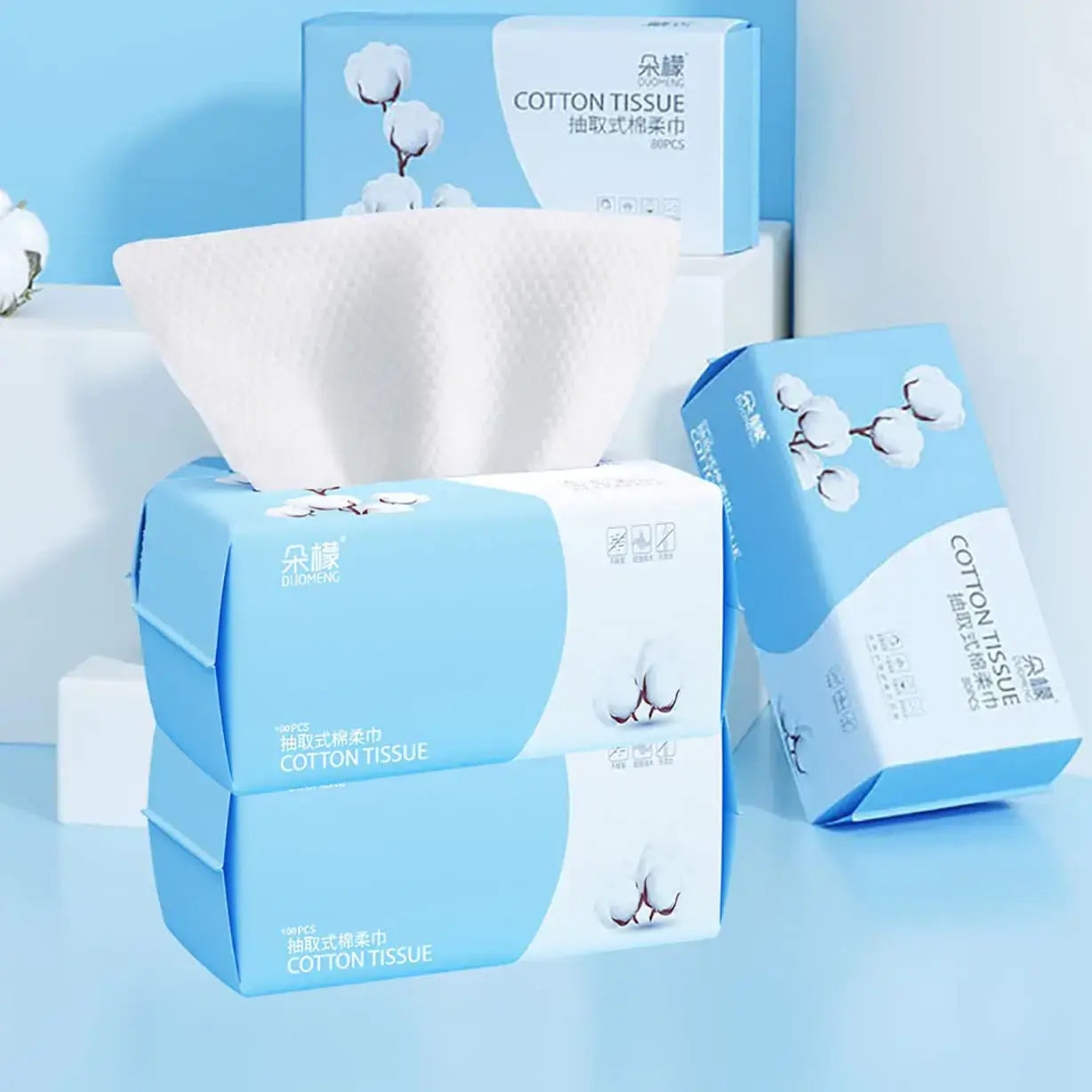 Cotton Facial Dry Wipes package featuring ultra-soft, absorbent cotton tissues for everyday skincare.