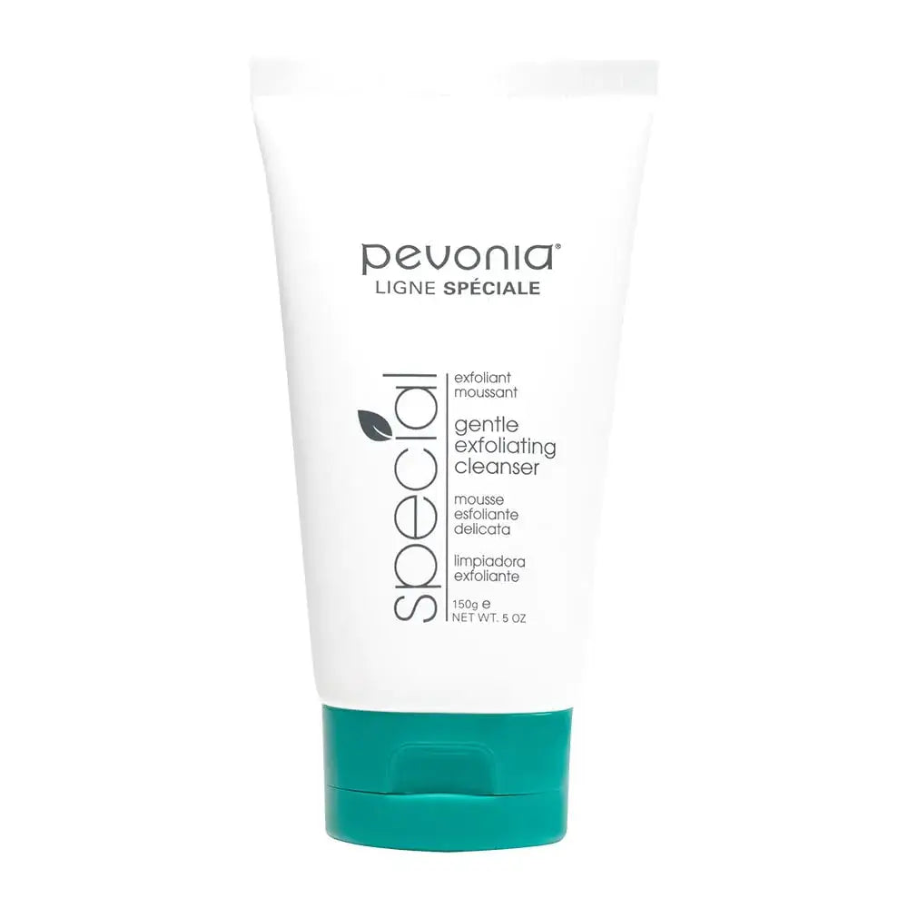 Pevonia Gentle Exfoliating Face Cleanser tube packaging featuring a white and teal design.