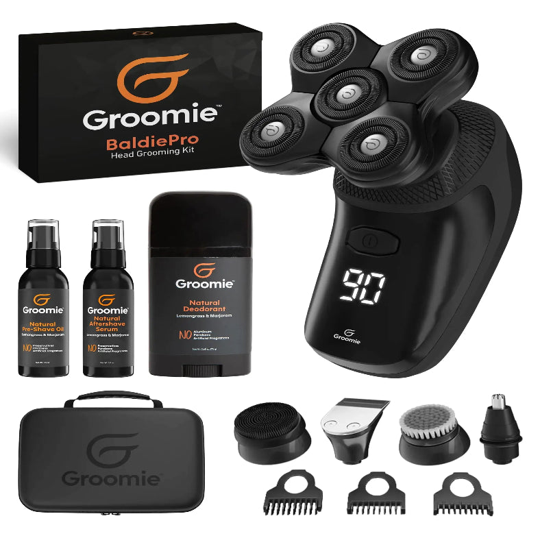 Crispy Shaving & Grooming Kit for Bald Men, featuring Groomie BaldiePro with accessories for head grooming.