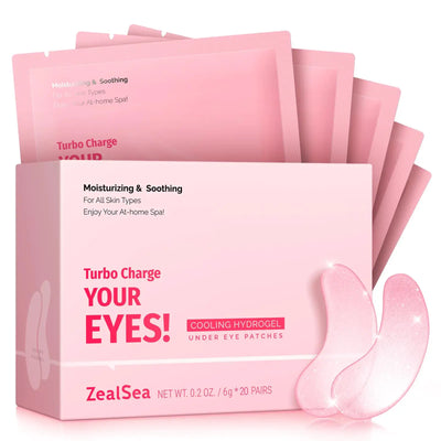 ZealSea Under Eye Patches in packaging for moisturizing and soothing puffy eyes with cooling hydrogel formula.