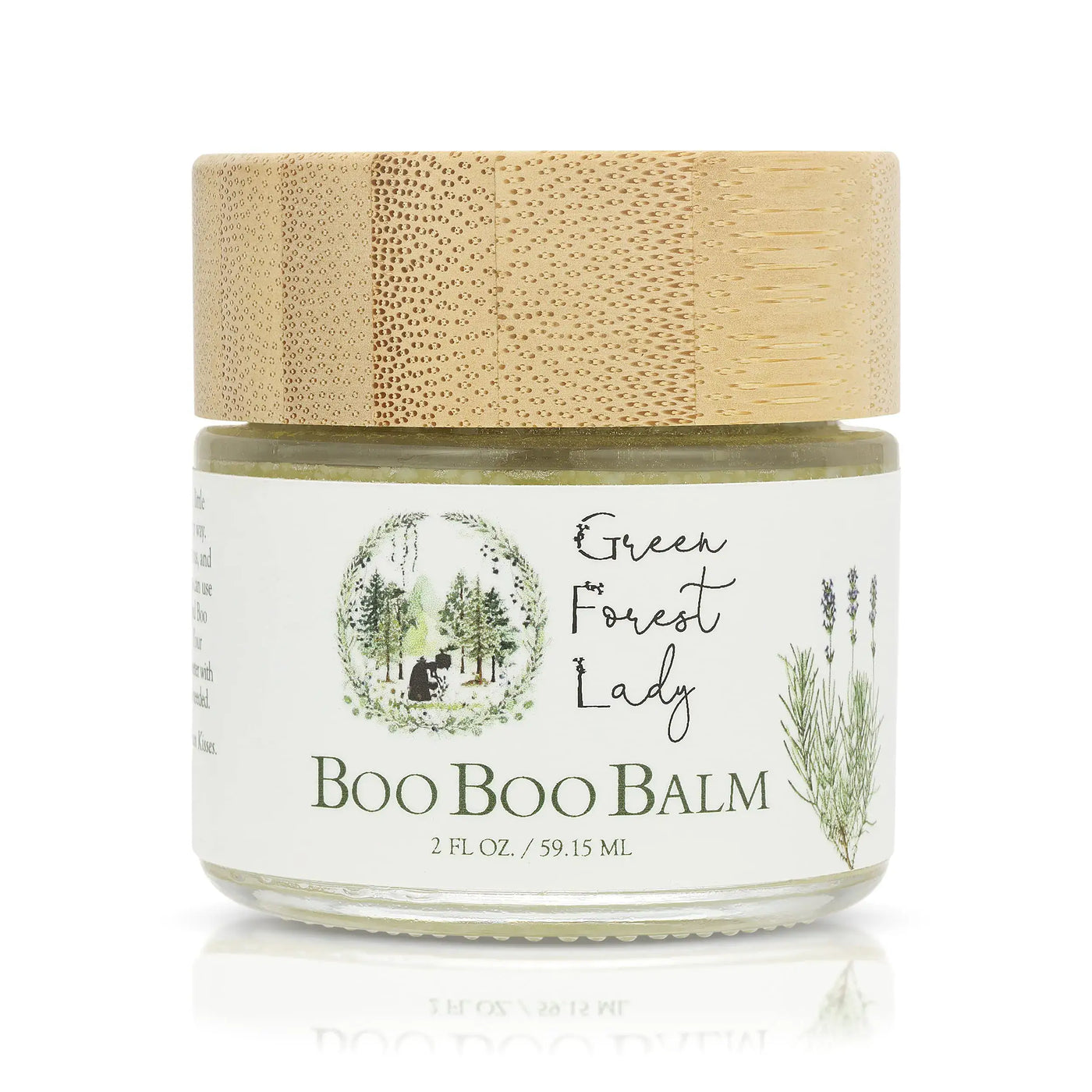Green Forest-Organic Boo Boo Balm in a jar with a bamboo lid, ideal for soothing minor skin irritations.